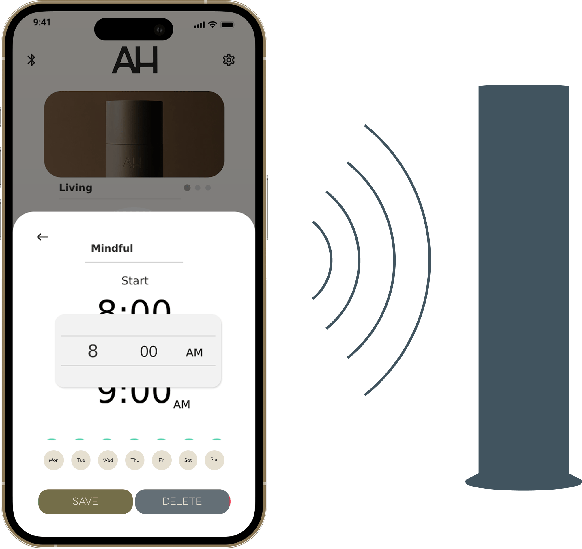 Aura House app on a phone beside the diffuser
